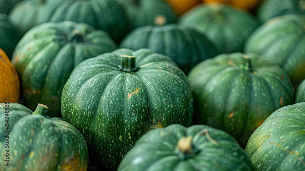 Green pumpkins, freshly harvested and neatly organized in rows at the market, emphasizing the peak of harvest season Green pumpkins, freshly harvested and neatly organized in rows at the market, emphasizing the peak of harvest season