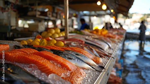 Fresh fish market scene, with rows of neatly arranged fish, each type perfectly displayed to highlight their freshness and variety