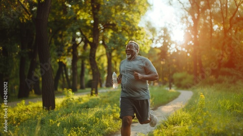 Smiling elderly black man jogging in green park outside in the morning, promoting an active lifestyle and engagement in sports for senior people, AI generated image