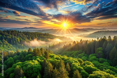 Beautiful sunrise over a lush forest , sunrise, forest, trees, nature, morning, tranquility, peaceful, serene, landscape, beauty, scenic, foliage, greenery, dawn, sunlight, colorful