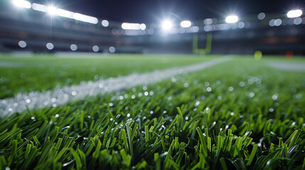 green football field with blur stadium spotlight background