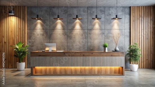 Fototapeta Naklejka Na Ścianę i Meble -  Modern wooden reception desk stands against a rugged concrete wall in a sleek corporate interior, illuminated by soft, warm lighting in a futuristic 3d rendered scene.