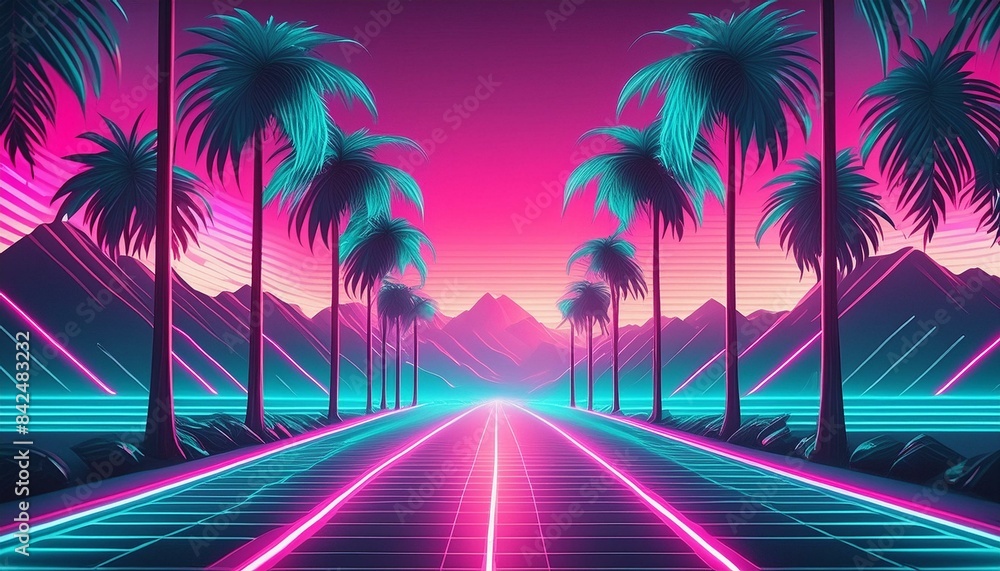 Fototapeta premium Neon pink and teal 80s retro design with tropical palm leaves. Concept 80s Retro Design, Neon Pink, Teal, Tropical Palm Leaves