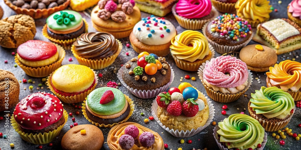 A vibrant and tempting spread of assorted sweets and pastries, with intricate details of frosting, sprinkles, and fillings, pastry, sweet, dessert, bakery, confectionery, treat, sugary
