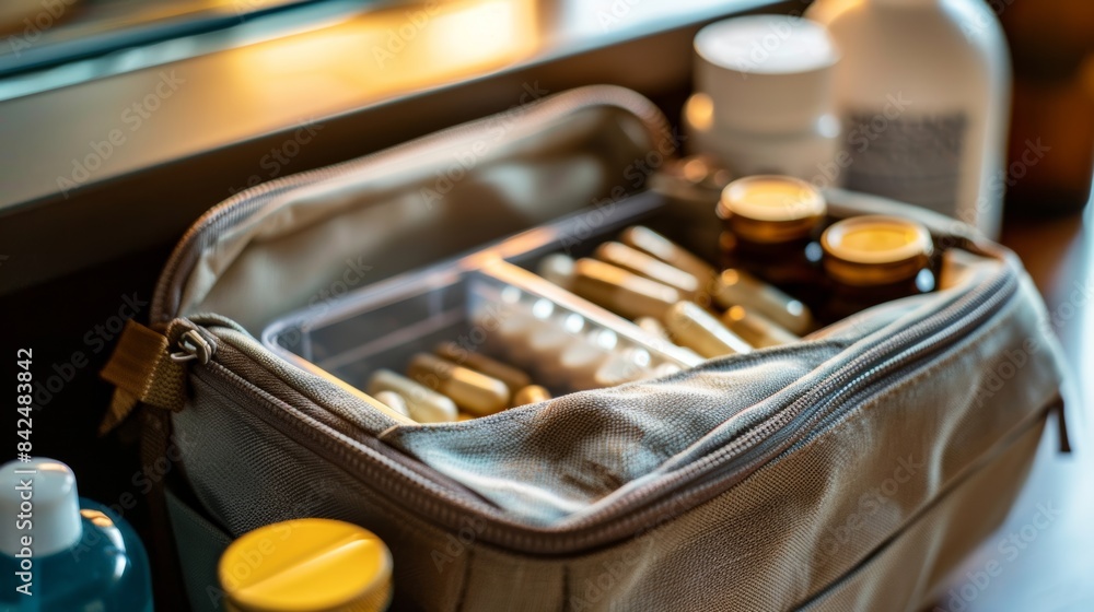 A small pill organizer rests inside a travel toiletry bag, emphasizing the importance of maintaining supplement routines while on the go A small pill organizer rests inside a travel toiletry bag, emphasizing the importance of maintaining supplement routines while on the go