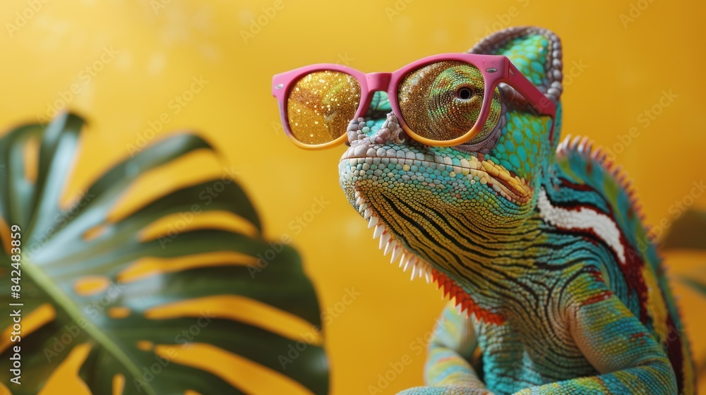 © Maria Zamchiy  - Banner with funny chameleon wearing sunglasses and tropical leaves, exotic bold colors lizard, promo background with copy space, AI generated image