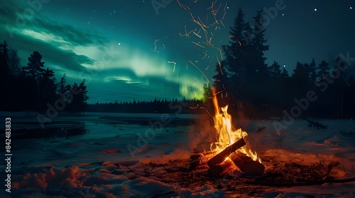 Northern lights cast a shadow over a blaze in a winter forest during a nighttime campfire in the wilderness under the Aurora Borealis.