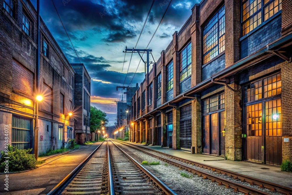 Industrial urban street city night scene with vintage factory warehouses and train tracks, urban, industry, cityscape, night, vintage, factory, warehouse, train tracks, industrial district