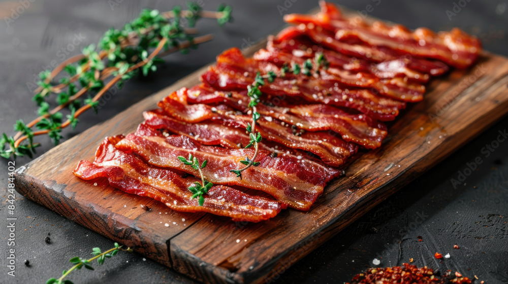Indulge in crispy bacon, adorned with fresh thyme, on a rustic platter Indulge in crispy bacon, adorned with fresh thyme, on a rustic platter