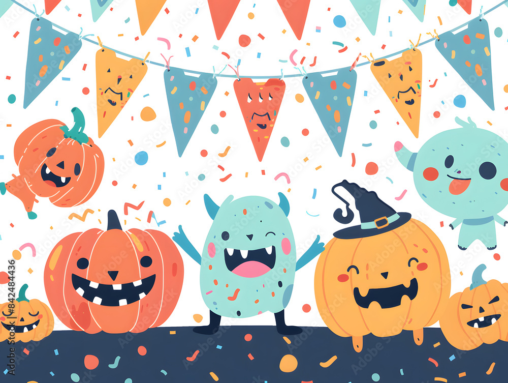 Naklejka premium Whimsical Monsters and Pumpkins for Halloween