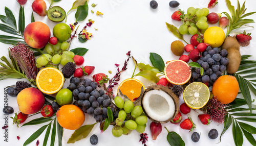 Variety of fruits and berries on white arranged in a frame with copy space  top view