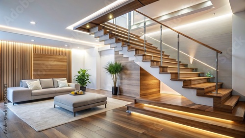 A modern living room with crisp white walls and a sleek wooden staircase illuminated by integrated LED strip lighting, creating a dramatic and stylish ambiance, modern living room photo