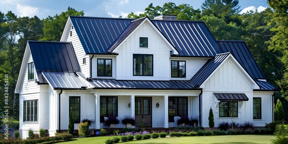 Chic modern farmhouse with white exterior black accents and dark blue roof. Concept Home Design, Modern Farmhouse, White Exterior, Black Accents, Dark Blue Roof