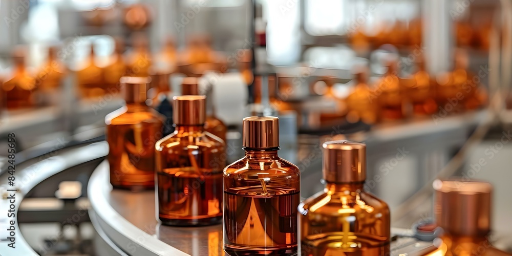 Streamlined cosmetic production line in a typical factory for bottling products efficiently. Concept Cosmetic Packaging, Efficient Manufacturing, Production Line Efficiency, Bottling Process Streamlined cosmetic production line in a typical factory for bottling products efficiently. Concept Cosmetic Packaging, Efficient Manufacturing, Production Line Efficiency, Bottling Process
