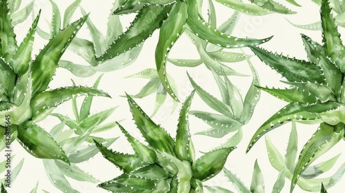 A soft and delicate pattern featuring watercolor renderings of aloe vera leaves in various shades of green. 