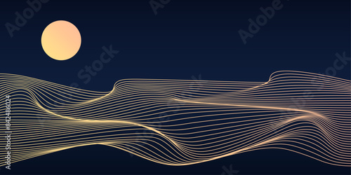 Abstract line art mountain landscape with glowing wavy line pattern, smooth flowing dynamic gradient waves isolated on dark blue background. Vector illustration	