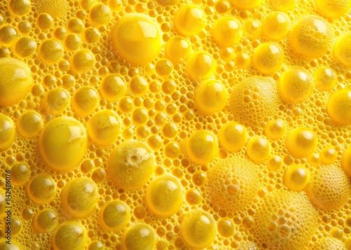 A vibrant yellow foam texture, captured in a close-up abstract shot, showcasing its bubbly, airy, and light characteristics, abstract, yellow, foam, texture, close-up, bubbly, airy, light