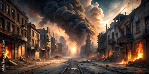 A street in a city is engulfed in flames and rubble, the aftermath of a devastating explosion, as smoke billows into the sky, highlighting the destruction caused by the war, war photo