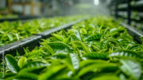 A conveyor belt filled with green tea leaves slowly moving through a controlled environment with gentle air circulation for withering. photo