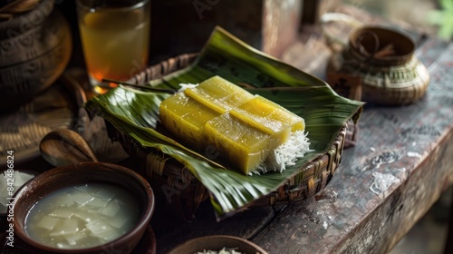 A traditional delicacy called Jenang a dense pudding created from rice flour and palm sugar accompanied by coconut milk in a banana leaf container photo