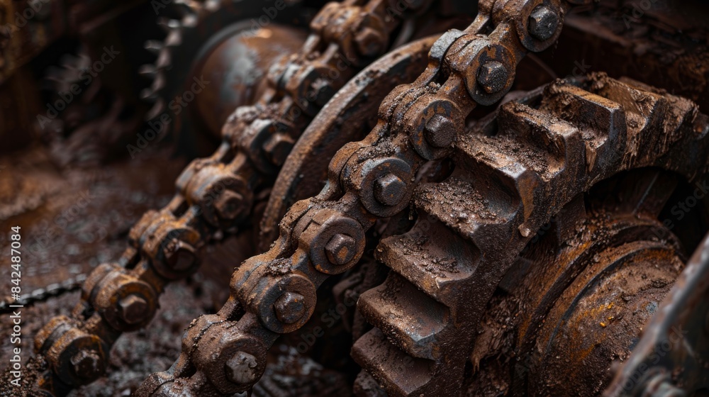 A weathered close-up of gears and chains within a machine, coated with a fine layer of tea dust, hinting at the long history and continuous operation of the equipment. A weathered close-up of gears and chains within a machine, coated with a fine layer of tea dust, hinting at the long history and continuous operation of the equipment.