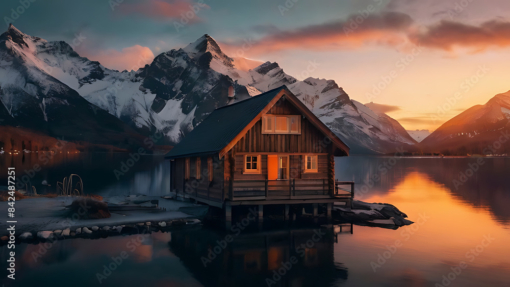 Fototapeta premium Wooden house on the side of beautiful lake and rocky mountain range.