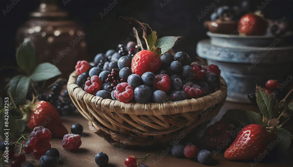 Mix berry fruit in woven basket. Fresh ripe raspberries, blueberries, blackberries on table Mix berry fruit in woven basket. Fresh ripe raspberries, blueberries, blackberries on table
