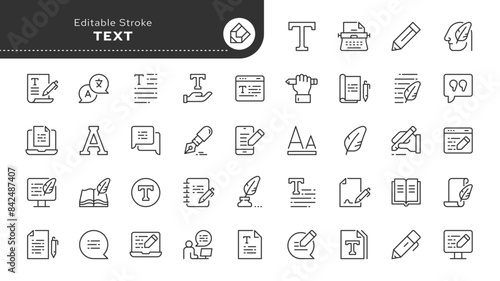 Text and writing - series. Read, words, copywriting, book, autor and writer. Set of line icons in linear style. Outline icon collection. Conceptual web pictogram.	