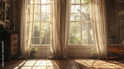Background image of sunlit room with sheer curtains and plants by the window. Wooden window with sun light and nature view. Bright and airy home interior design. Design for wallpaper  banner. AIGT2.
