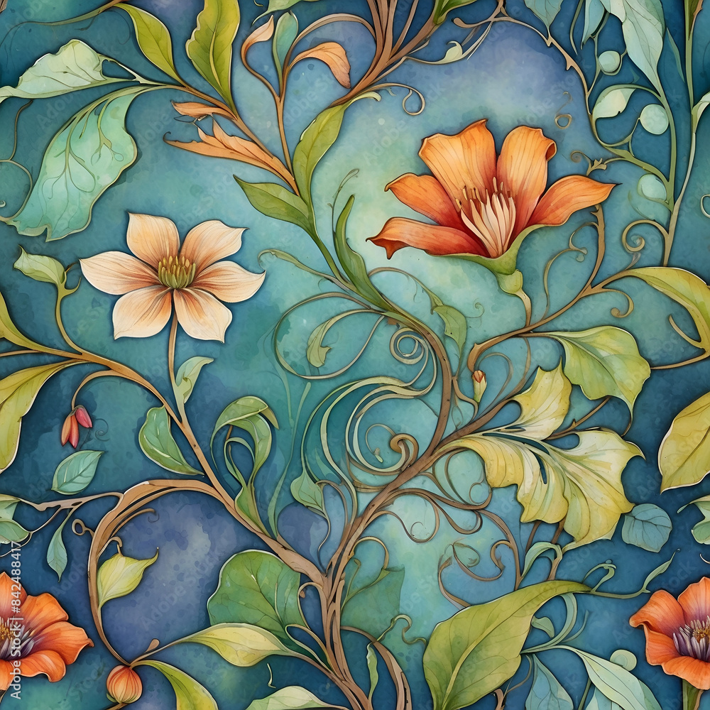 Graphic picture of Colorful flowers and leaves, pattern with flowers in art deco style. Modern trendy print. Art nouveau style, watercolor. Graphic picture of Colorful flowers and leaves, pattern with flowers in art deco style. Modern trendy print. Art nouveau style, watercolor.