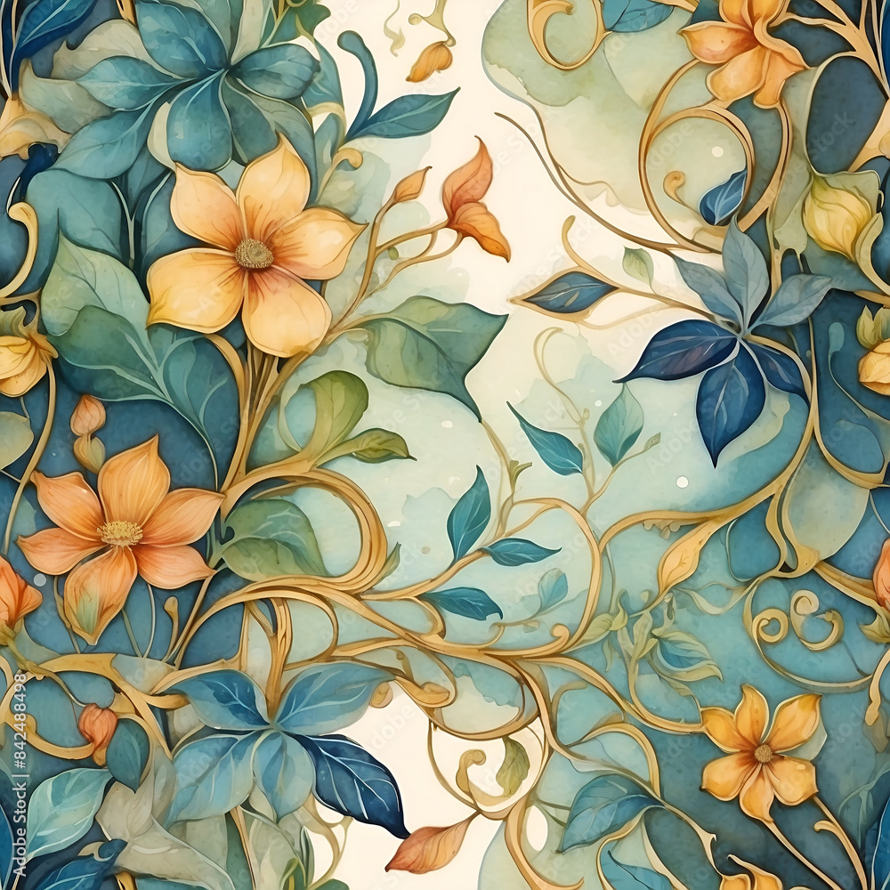 Graphic picture of Colorful flowers and leaves, pattern with flowers in art deco style. Modern trendy print. Art nouveau style, watercolor. Graphic picture of Colorful flowers and leaves, pattern with flowers in art deco style. Modern trendy print. Art nouveau style, watercolor.