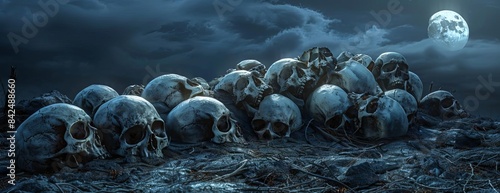 Long shot of an ominous pile of human skulls, illuminated by eerie moonlight, set against a dark, foreboding background, digital photorealistic rendering