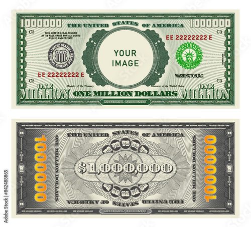 Vector highly detailed fictional beautiful 1000000 US dollar banknote. Obverse and reverse of American bill with guilloche patterns. Empty circle in center. Sample, your image. One million dollars.