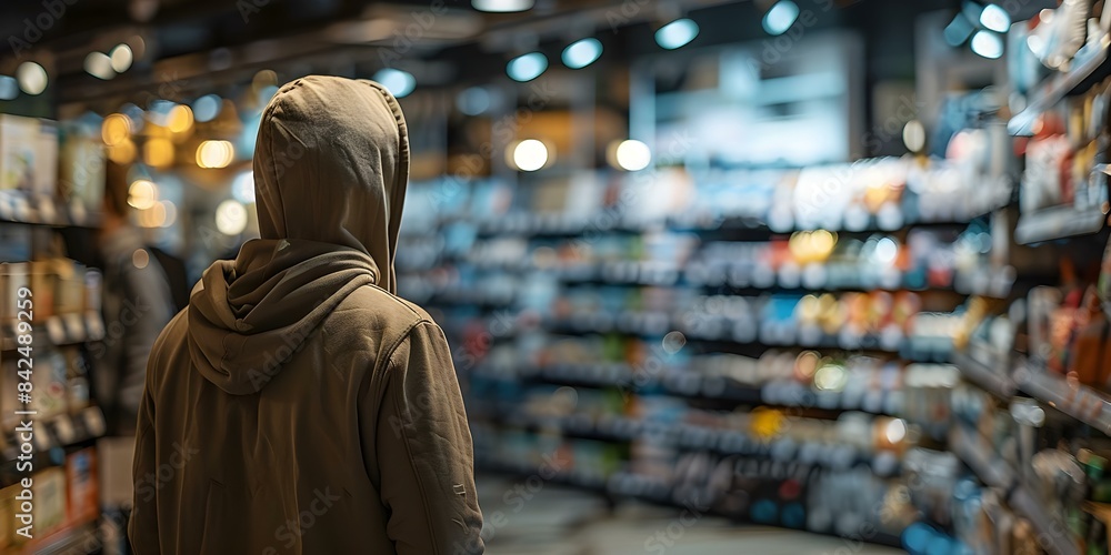 Person in hoodie in store representing retail security and loss prevention measures. Concept Retail Security, Loss Prevention, Store Surveillance, Shoplifting Prevention Person in hoodie in store representing retail security and loss prevention measures. Concept Retail Security, Loss Prevention, Store Surveillance, Shoplifting Prevention