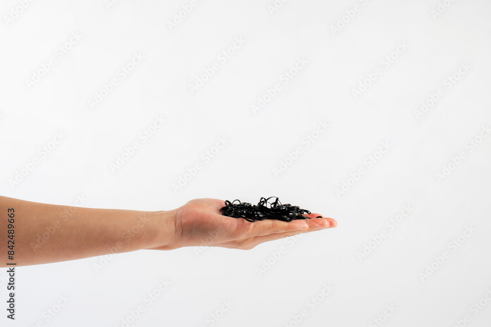 Hair bundle for hair styling in hand on white background isolated Hair bundle for hair styling in hand on white background isolated