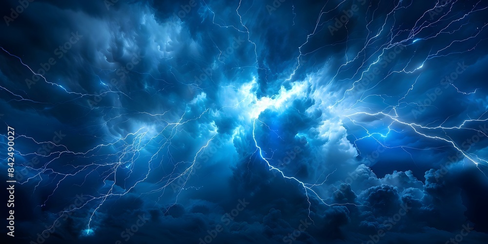Image with bright lightning in the center against a dark blue background. Concept Electric Storm, Thunderous Night Sky, Powerful Lightning, Vibrant Electric Flash Image with bright lightning in the center against a dark blue background. Concept Electric Storm, Thunderous Night Sky, Powerful Lightning, Vibrant Electric Flash