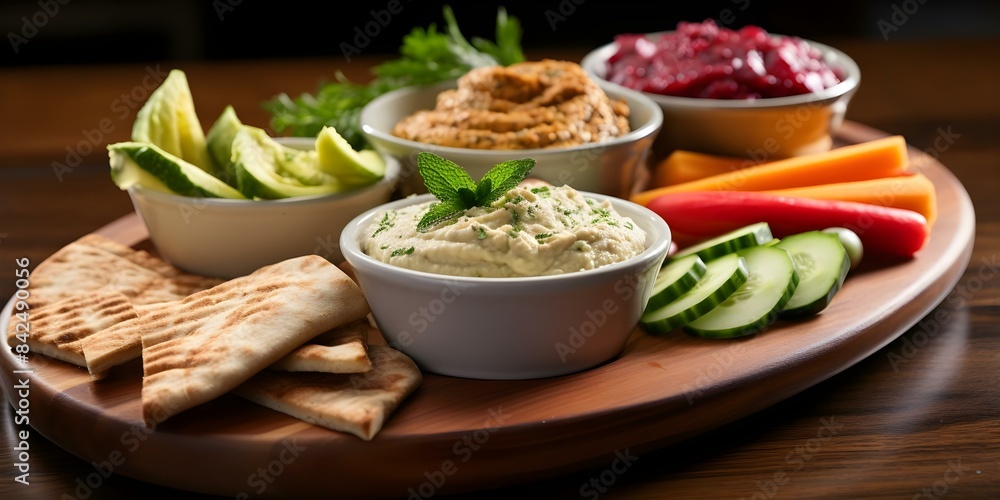 Wholesome Vegan Platter Featuring Hummus, Veggies, and Pita - Halal Friendly. Concept Vegan Platter, Hummus, Veggies, Pita, Halal Friendly Wholesome Vegan Platter Featuring Hummus, Veggies, and Pita - Halal Friendly. Concept Vegan Platter, Hummus, Veggies, Pita, Halal Friendly