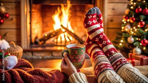 Woman relaxing by a Christmas fireplace in wool socks with hot chocolate cozy xmas winter night , cozy, Christmas, fireplace, wool socks, hot chocolate, relaxation, woman, cozy night, candles