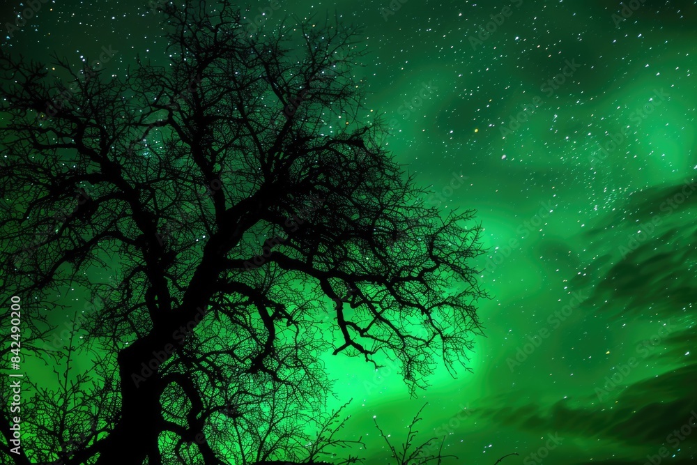 Green Sky Glow - Aurora Borealis. A Long Exposure of Starry Night Sky with Dark Green Colours and Swirling Nature Green Sky Glow - Aurora Borealis. A Long Exposure of Starry Night Sky with Dark Green Colours and Swirling Nature