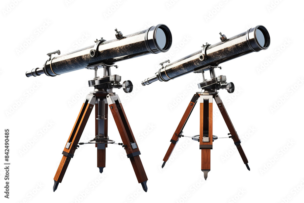 The Celestial Duo: Telescopes on a Tripod on White or PNG Transparent Background. The Celestial Duo: Telescopes on a Tripod on White or PNG Transparent Background.