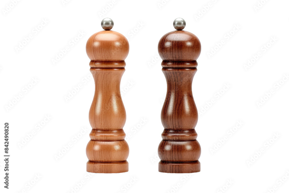 Symphony of Flavor: A Duo of Handcrafted Wooden Salt and Pepper Mills on White or PNG Transparent Background. Symphony of Flavor: A Duo of Handcrafted Wooden Salt and Pepper Mills on White or PNG Transparent Background.
