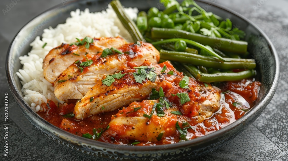Delicious chicken in savory tomato sauce, with rice and green beans, studio shot, isolated background, style raw Delicious chicken in savory tomato sauce, with rice and green beans, studio shot, isolated background, style raw
