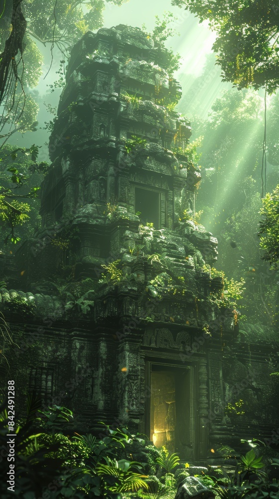 Ancient Ruins in Jungle: Mysterious ancient ruins overgrown with jungle foliage, with shafts of light breaking through the canopy. Ancient Ruins in Jungle: Mysterious ancient ruins overgrown with jungle foliage, with shafts of light breaking through the canopy.