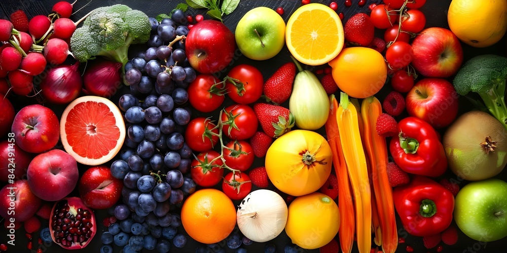 A topdown view of a vibrant assortment of fresh fruits and vegetables. Concept Food Photography, Fresh Produce, Vibrant Colors, Healthy Eating, Top-Down Perspective A topdown view of a vibrant assortment of fresh fruits and vegetables. Concept Food Photography, Fresh Produce, Vibrant Colors, Healthy Eating, Top-Down Perspective