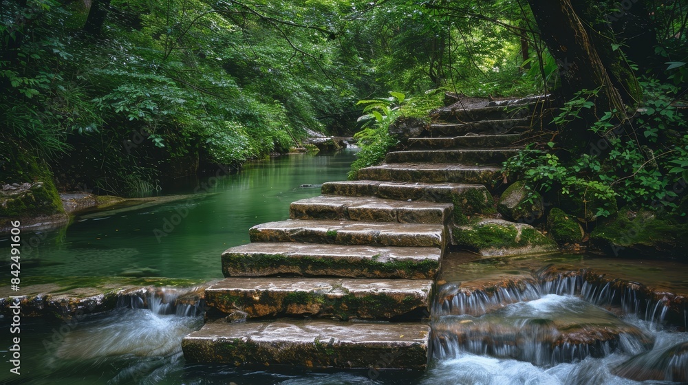 Obraz premium Concrete steps descending into a serene river, water gently cascading over each step, surrounded by lush greenery