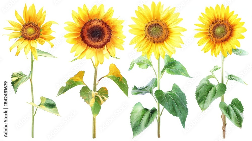 Sunflower Collection with Leaves on White Background Summer Garden Blooms Creative Layout Design Element Sunflower Collection with Leaves on White Background Summer Garden Blooms Creative Layout Design Element