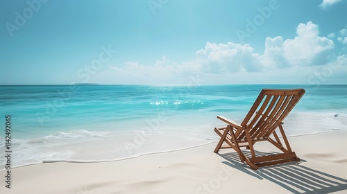 Enjoy the perfect summer day with a comfortable beach chair on a white sandy beach with a breathtaking view of the blue ocean.