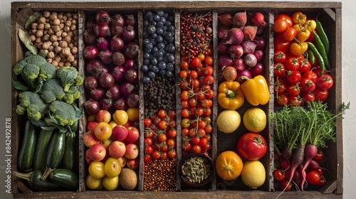 Assortment of colorful fruits  vegetables  and spices in a wooden container from above  isolated background  studio lighting  style raw