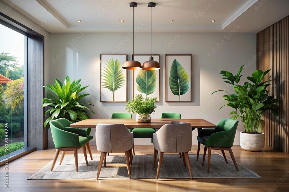 A modern dining room with a sleek, minimalist table and chairs Stock ...