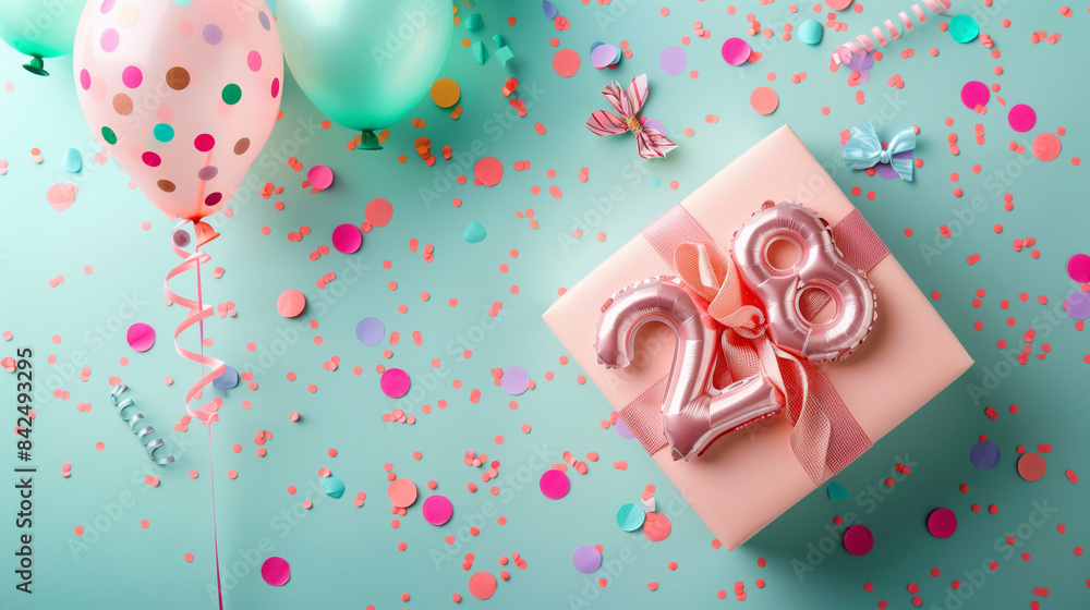 The Twenty-eighth birthday is a special day, so a gift in an elegant box with a balloon in the shape of the number 28, colorful confetti and bows on a delicate background of pastel colors The Twenty-eighth birthday is a special day, so a gift in an elegant box with a balloon in the shape of the number 28, colorful confetti and bows on a delicate background of pastel colors